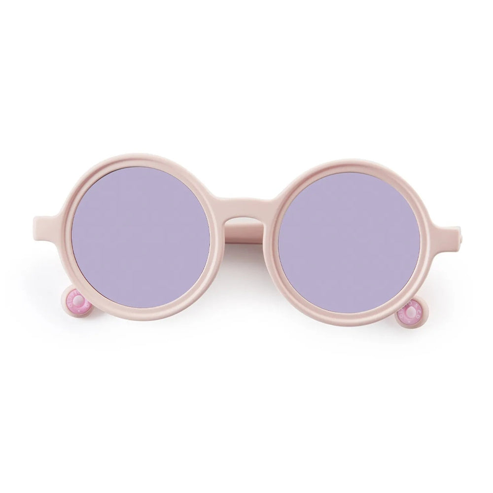 Olivio & Co Round Sunglasses Kids Coral Reef Coral Blush, pink frames with lavender lenses on white background.