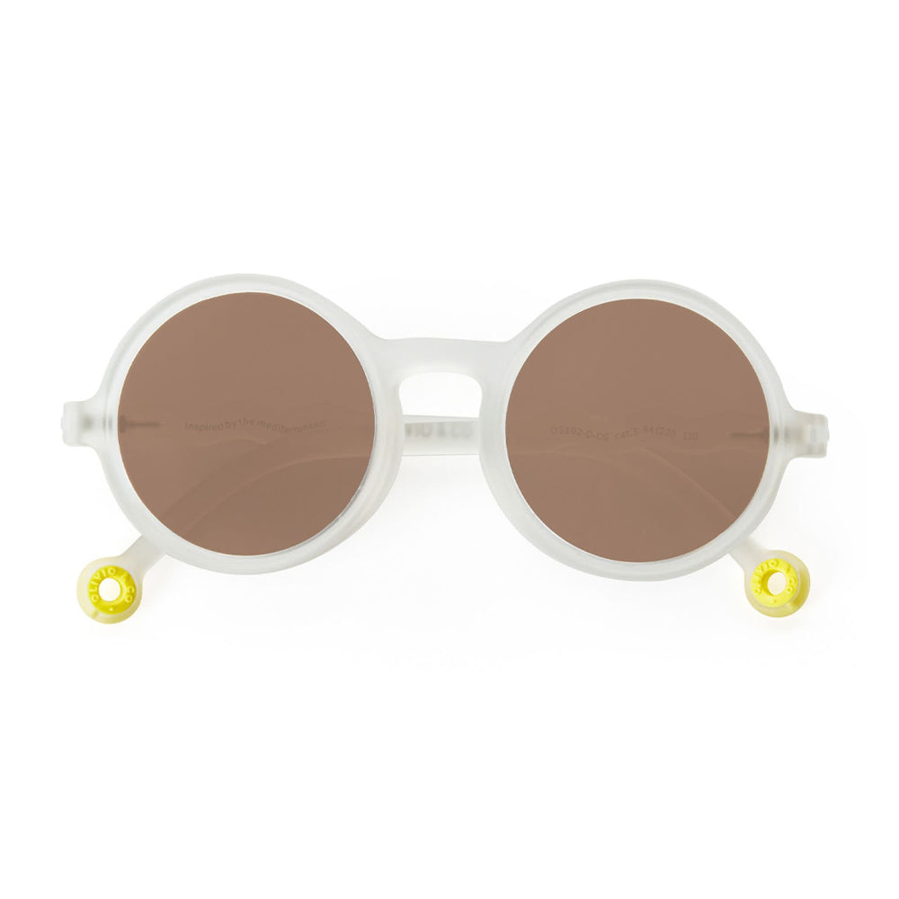 Olivio & Co round kids sunglasses, white frame, brown lenses, yellow temple tips in Citrus Garden.