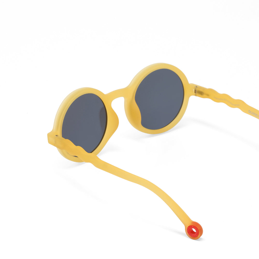 Olivio & Co Round Kids Sunglasses yellow frame with dark lenses and matching yellow strap