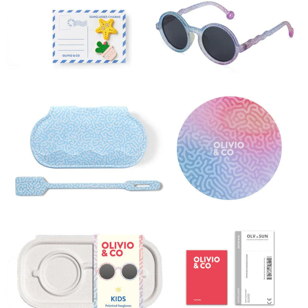 OLIVIO & CO round kids sunglasses in coral reef gradient with matching case and accessories (6-piece set)