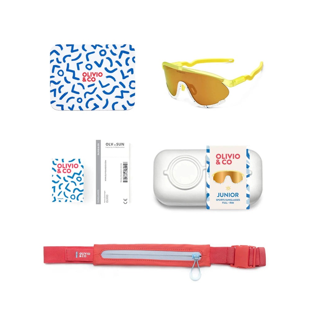 Olivio & Co junior sport sunglasses with yellow frame and amber lenses, shown with blue patterned case and white case plus coral zip strap.