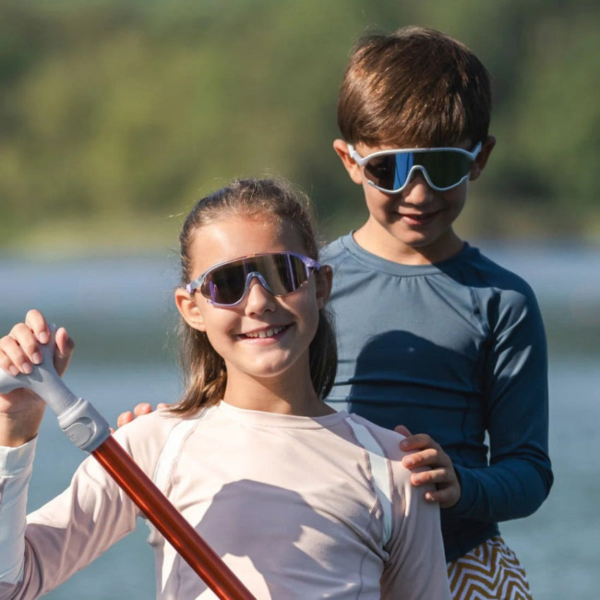 Olivio & Co sport sunglasses for kids, space-silver full-rim frames, two pairs shown.