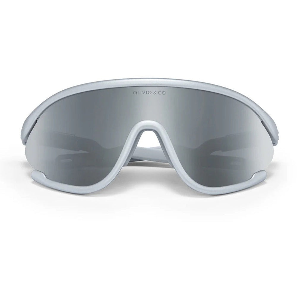 Olivio & Co Sport Sunglasses Kids, space silver full-rim frame with mirrored lenses, shown resting upright.