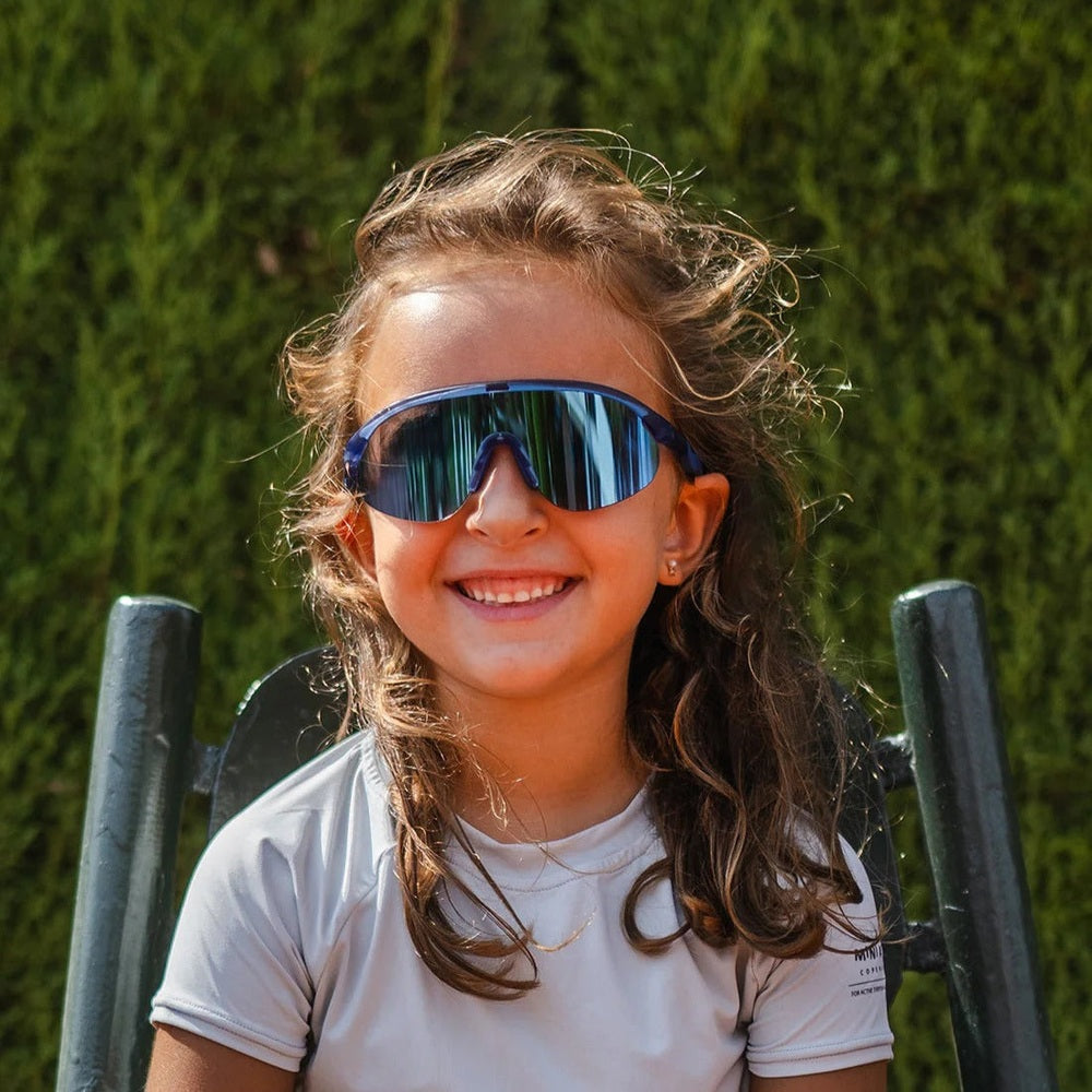 Olivio & Co sport sunglasses for kids, azure blue half-rim with reflective lenses