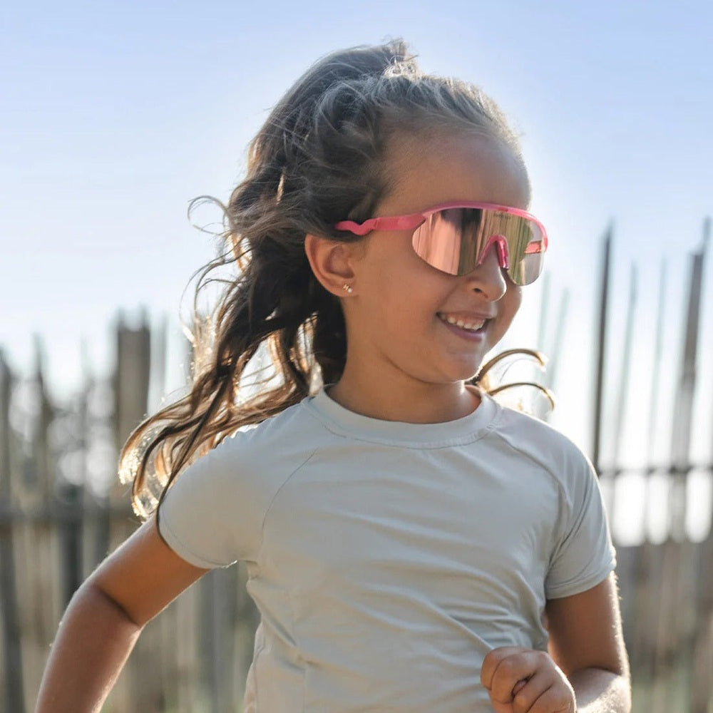 Kids Olivio & Co sport sunglasses, flamingo pink half-rim with mirrored lenses