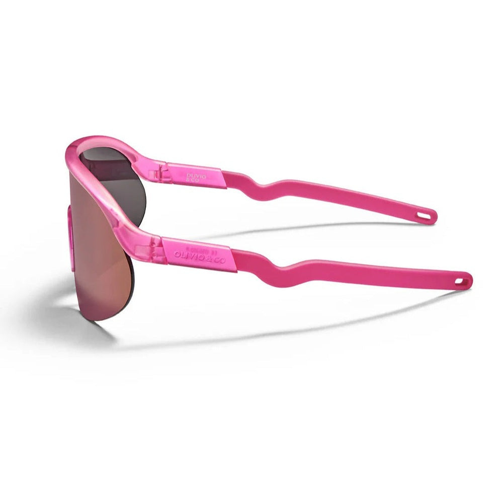 Olivio & Co kids sport sunglasses, pink flamingo half-rim frames with dark lenses