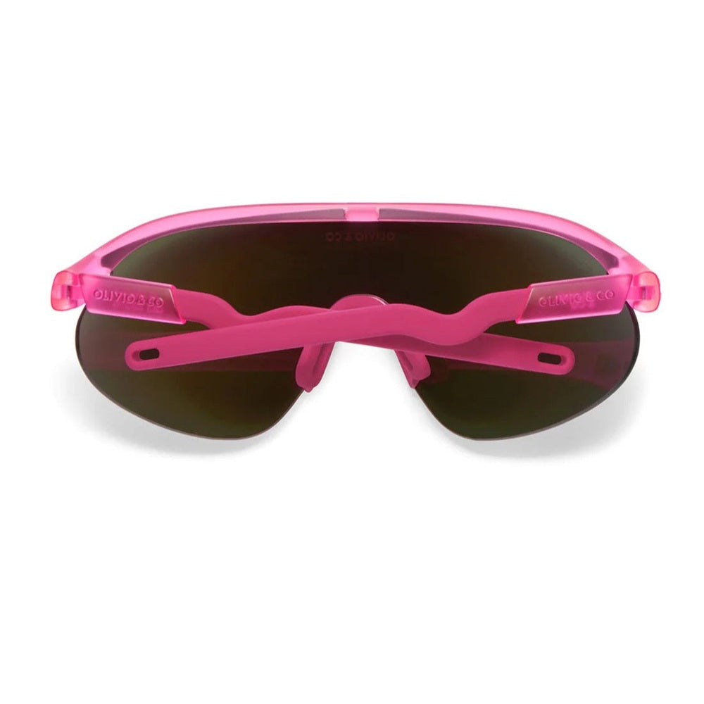 Olivio & Co kids sport sunglasses, pink flamingo half-rim frame with dark lenses