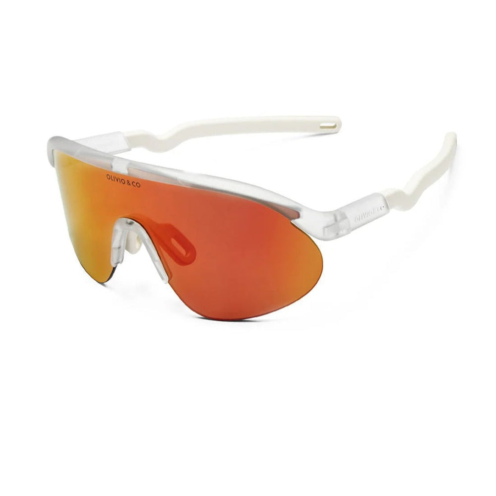 Olivio & Co sport sunglasses, white half-rim frame with orange Sunrise Mist mirrored lenses