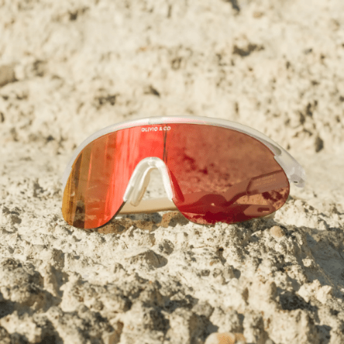 Olivio & Co sport sunglasses, half-rim frame with Sunrise Mist orange mirrored lenses