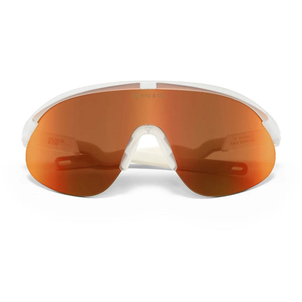 Olivio & Co sport sunglasses, white half-rim frame with orange Sunrise Mist mirrored lenses