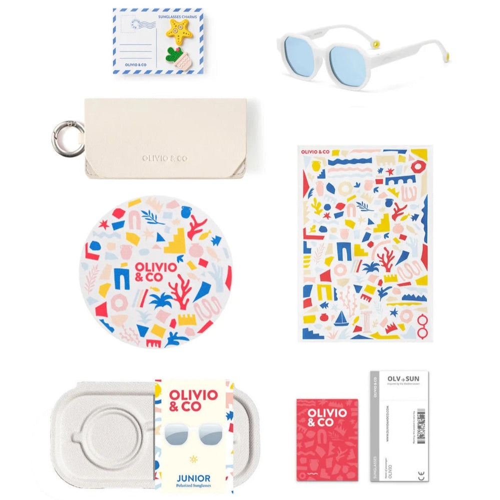 Olivio & Co square sunglasses Junior+ Creative Edition Cloud White with white case and colorful sticker sheet.