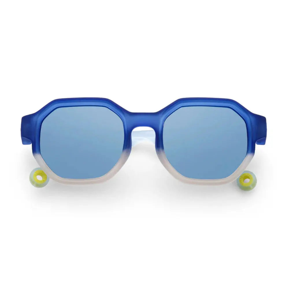 Olivio & Co Square Sunglasses Junior+ Creative Edition D Deep Sea with blue mirrored lenses and translucent blue frame.
