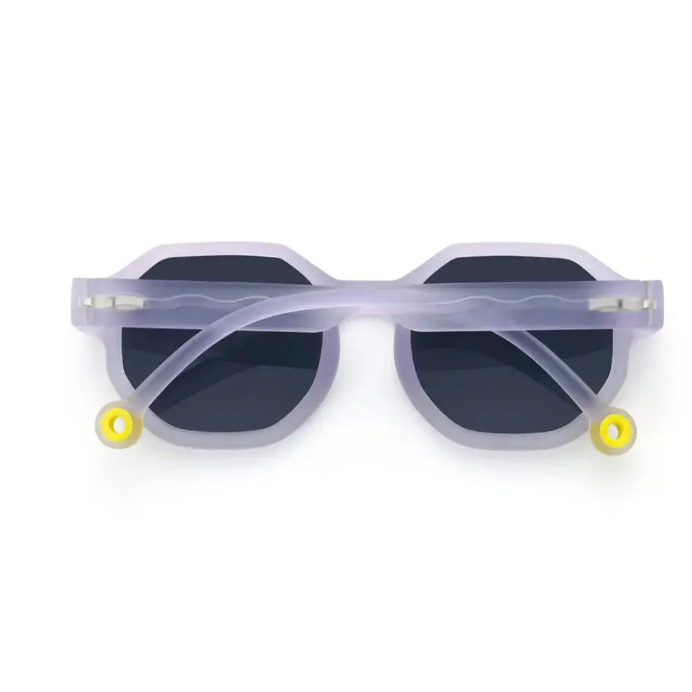 Olivio & Co Square Sunglasses Junior Creative Edition D Shell Purple displayed flat with translucent frame and dark lenses
