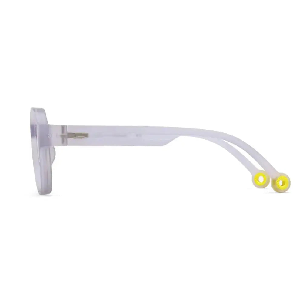 Olivio & Co Square Sunglasses Junior+ Creative Edition D Shell Purple frames with yellow temple tips, shown side-on.