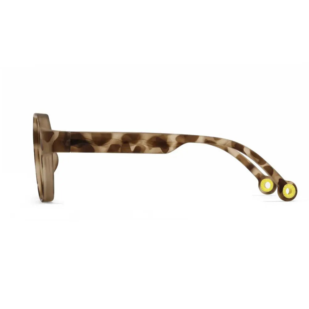 OLIVIO & CO Square Sunglasses Kids Creative Edition tortoiseshell with yellow hinges shown in side profile.