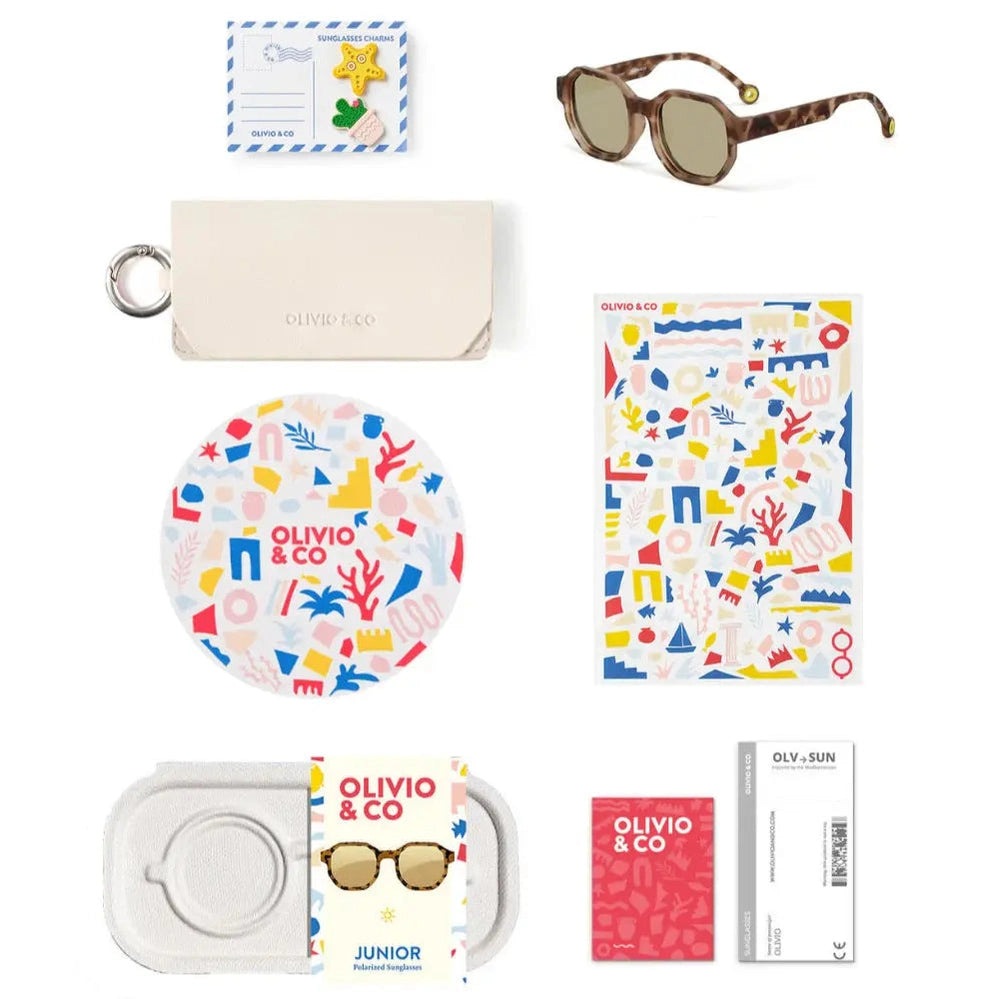 OLIVIO & CO junior square sunglasses Creative Edition tortoiseshell with case, cleaning cloth, and packaging
