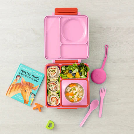 Omielife Fork Spoon Pod Set in pink, open two-tier
