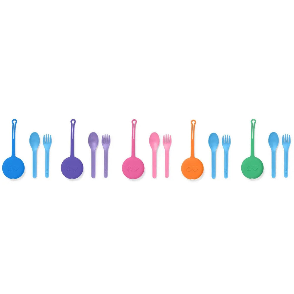 Omielife Fork Spoon Pod Set: colorful silicone utensils with long handles lined up in a neat row.