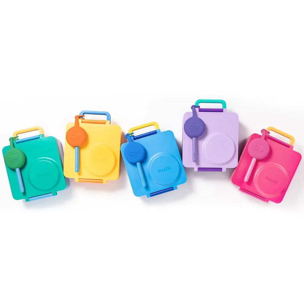Omielife Fork Spoon Pod Set: six colorful lunch pods with attached utensils clipped to