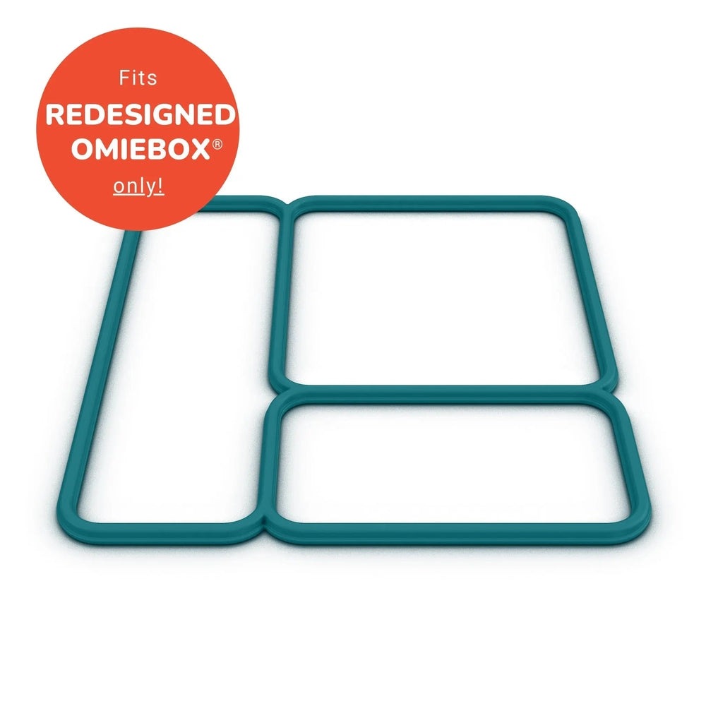 Omielife Lid Seal Version 2 teal silicone gasket set shown assembled into a multi-compartment frame for mess-free lunch packing