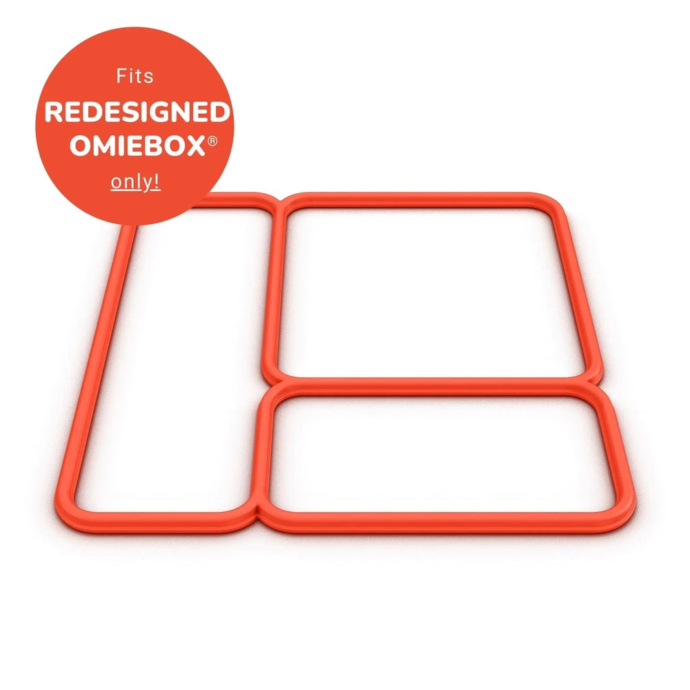 Omielife Lid Seal Version 2 orange silicone frame set of 3, shown arranged as modular lunch-box seals.