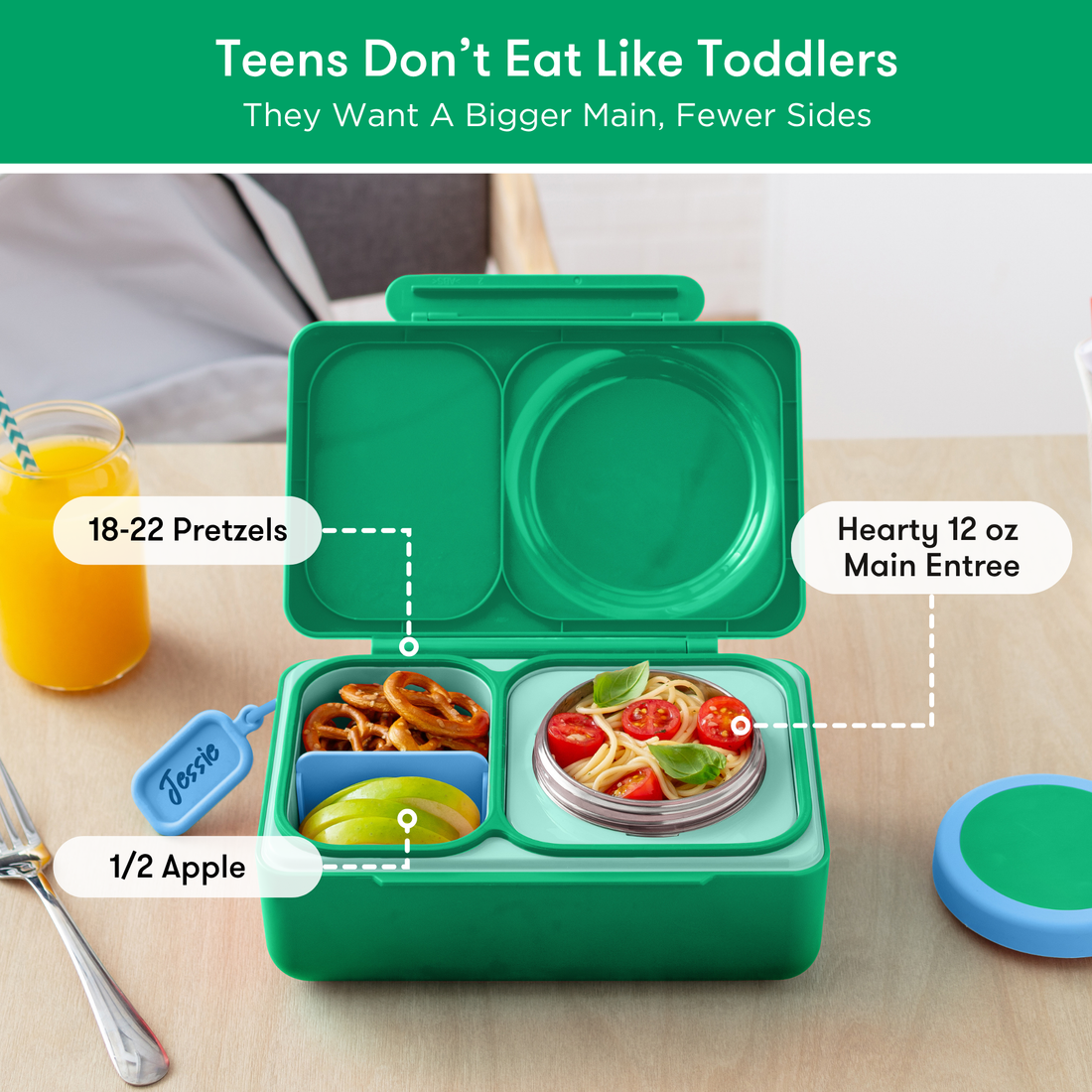 OmieBox UP Jade Green meal capacity guide with 12 oz entrée, pretzels and half an apple