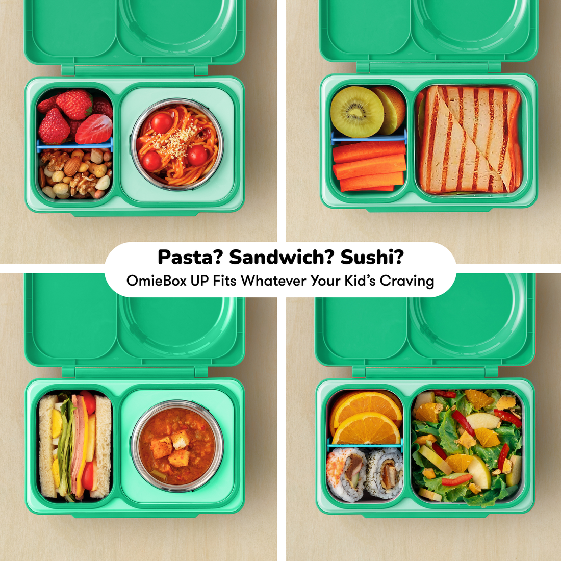 Four OmieBox UP Jade Green lunch ideas with pasta, sandwich, sushi and salad