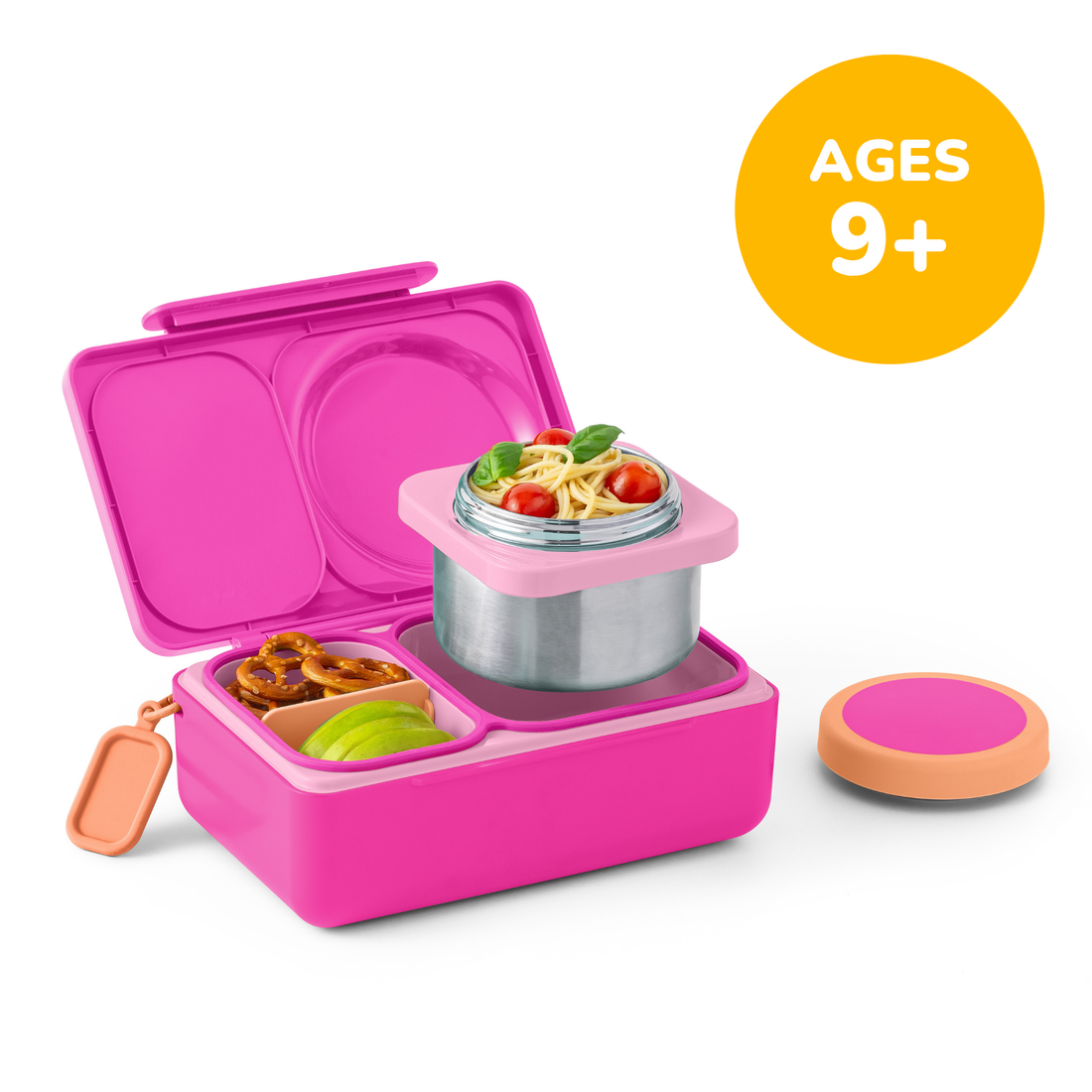 OmieLife OmieBox UP Pop Pink lunch box open with 12 oz thermos, side compartments and matching lid