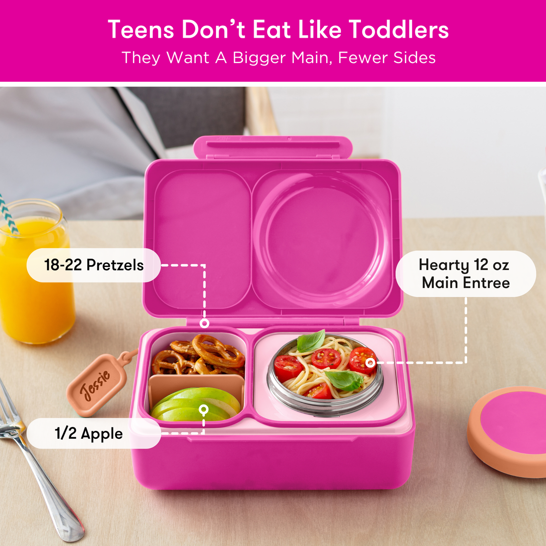 OmieBox UP Pop Pink meal capacity guide with 12 oz entrée, pretzels and half an apple