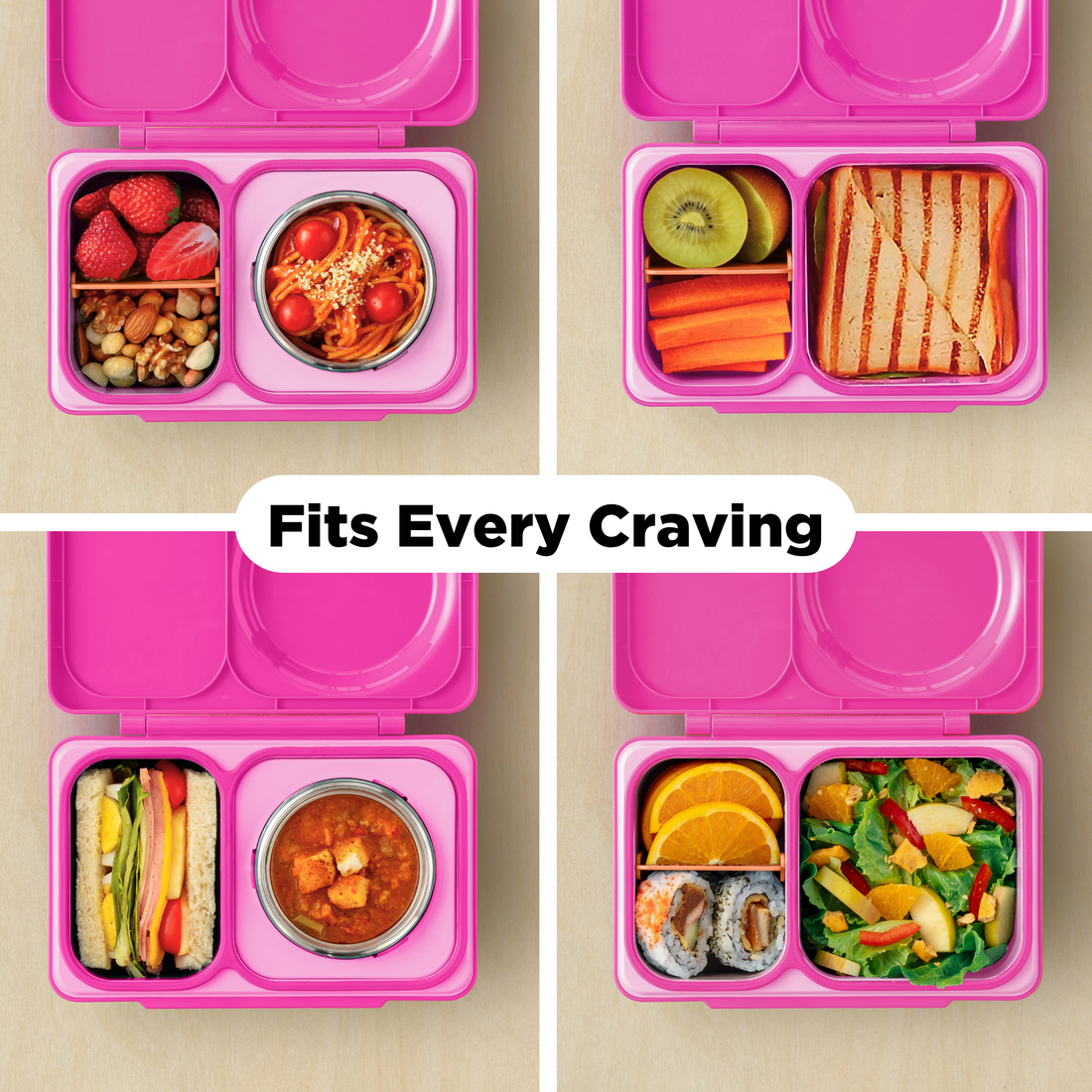 Four OmieBox UP Pop Pink lunch ideas with pasta, sandwich, sushi and salad