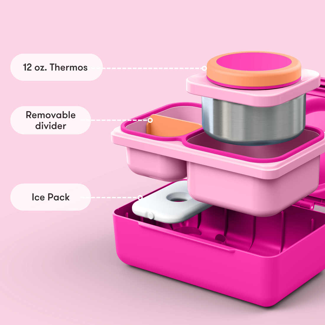 Exploded view of OmieBox UP Pop Pink with 12 oz thermos, removable divider and ice pack