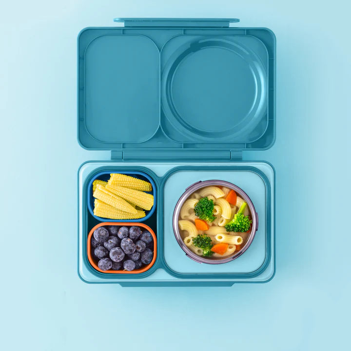 Omielife Omiebox Up Dip Sets Lunch Box in Teal with divided compartments holding corn, blueberries, and pasta.
