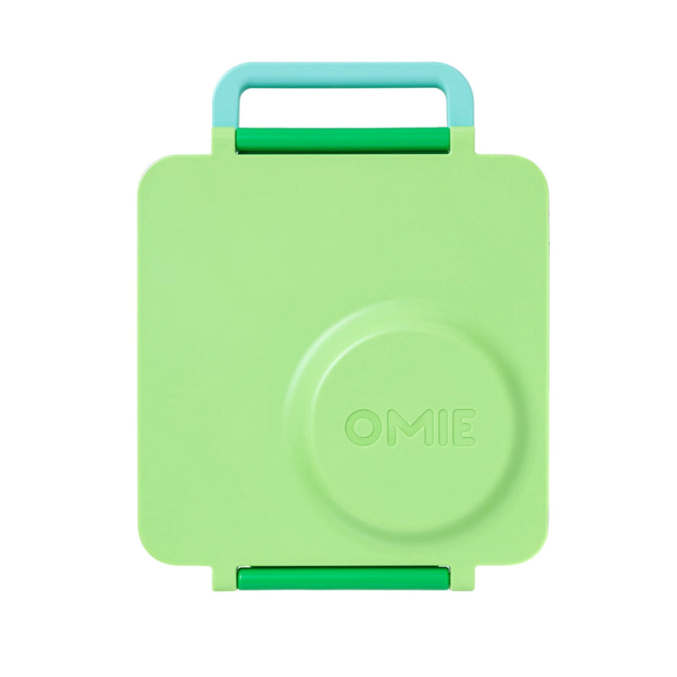 Omiebox Version 2 lunch box in lime green with teal handle, showing embossed OMIE and secure foldable lid