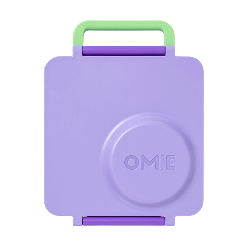Omielife Omiebox Version 2 lunch container in lavender with lime-green handle, shown closed and ready to use