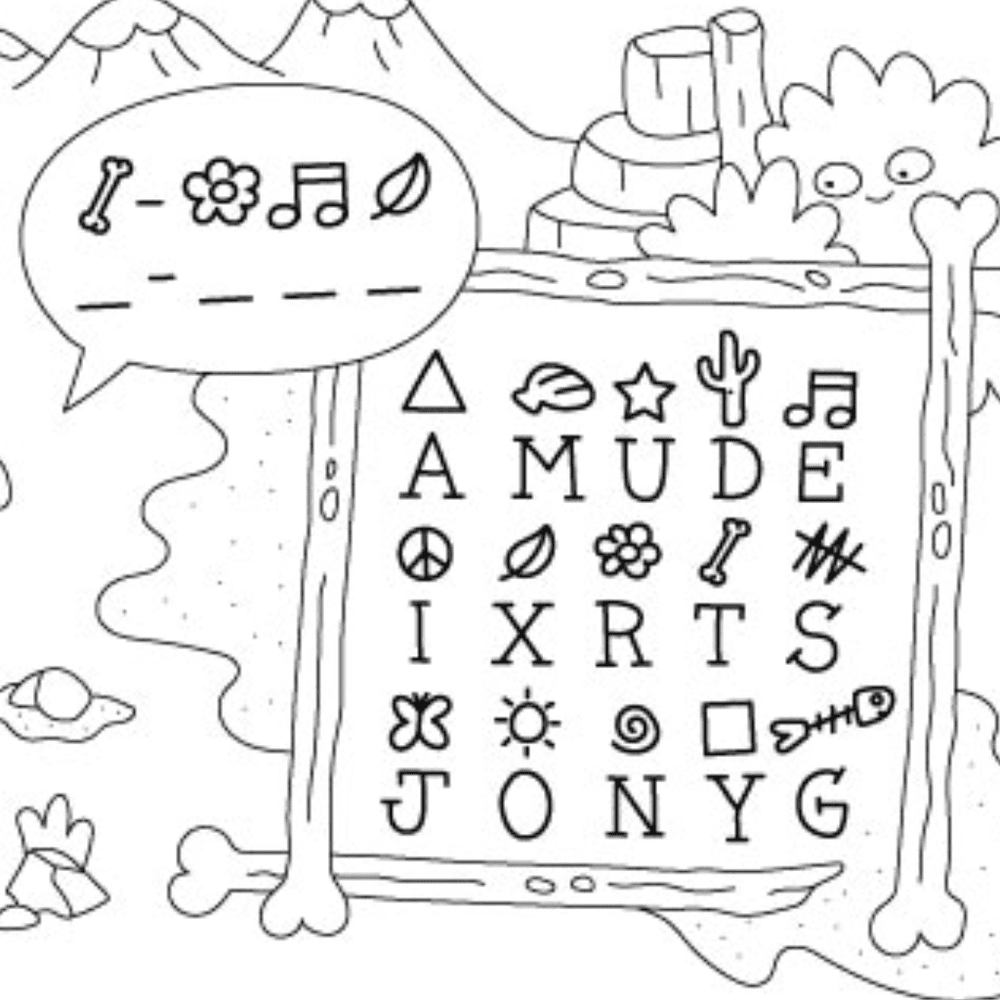 OMY Pocket Game Dino coloring pad showing alphabet tiles and a playful dinosaur scene.