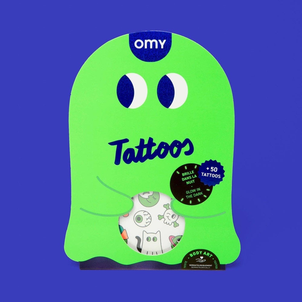 OMY Glow in the Dark Tattoos package in neon green, window reveals playful tattoo sheet.
