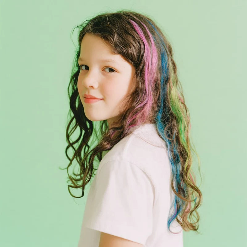 OMY Hair Chalk: girl with pink, blue, and green streaks in long wavy hair, playful vibe.