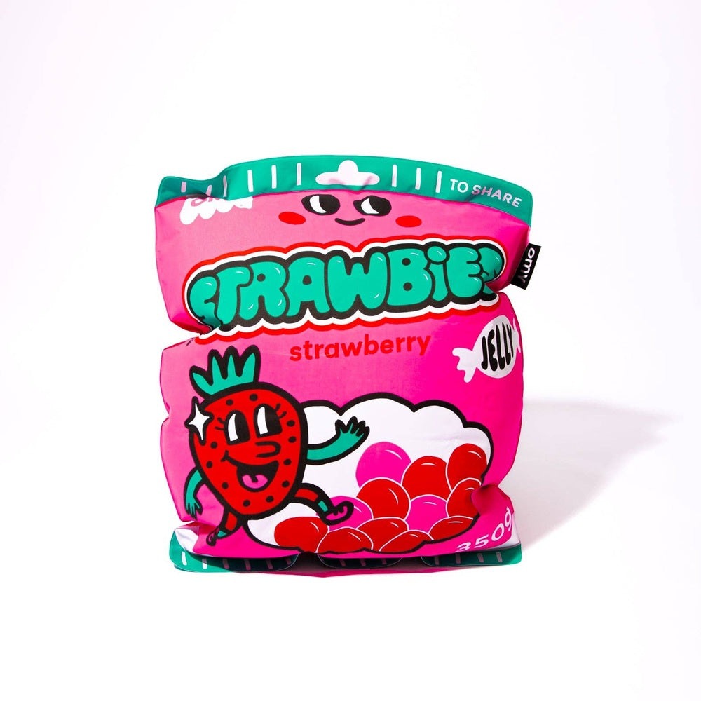 OMY Strawbies Giant inflatable pillow pink with a cartoon strawberry waving, a playful party decoration.