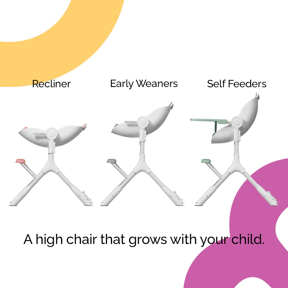 Oribel Cocoon Z high chair lounger by ORIBEL with three configurations: recliner, early weaners, self-feeders.