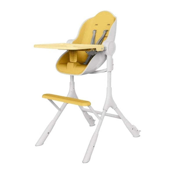 Oribel Cocoon Z high chair lounger in yellow and white with attached tray