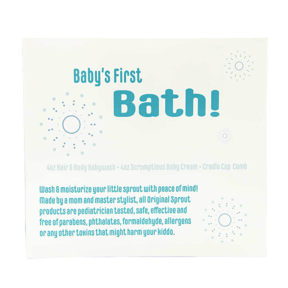 Original Sprout Baby's First Bath Kit in teal text on white packaging with bubble designs.