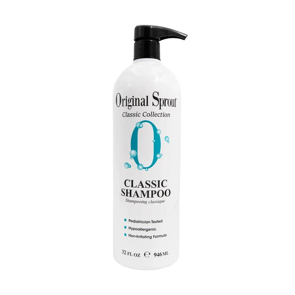 Original Sprout Classic Shampoo bottle with black pump dispensing shampoo, white label and turquoise logo.