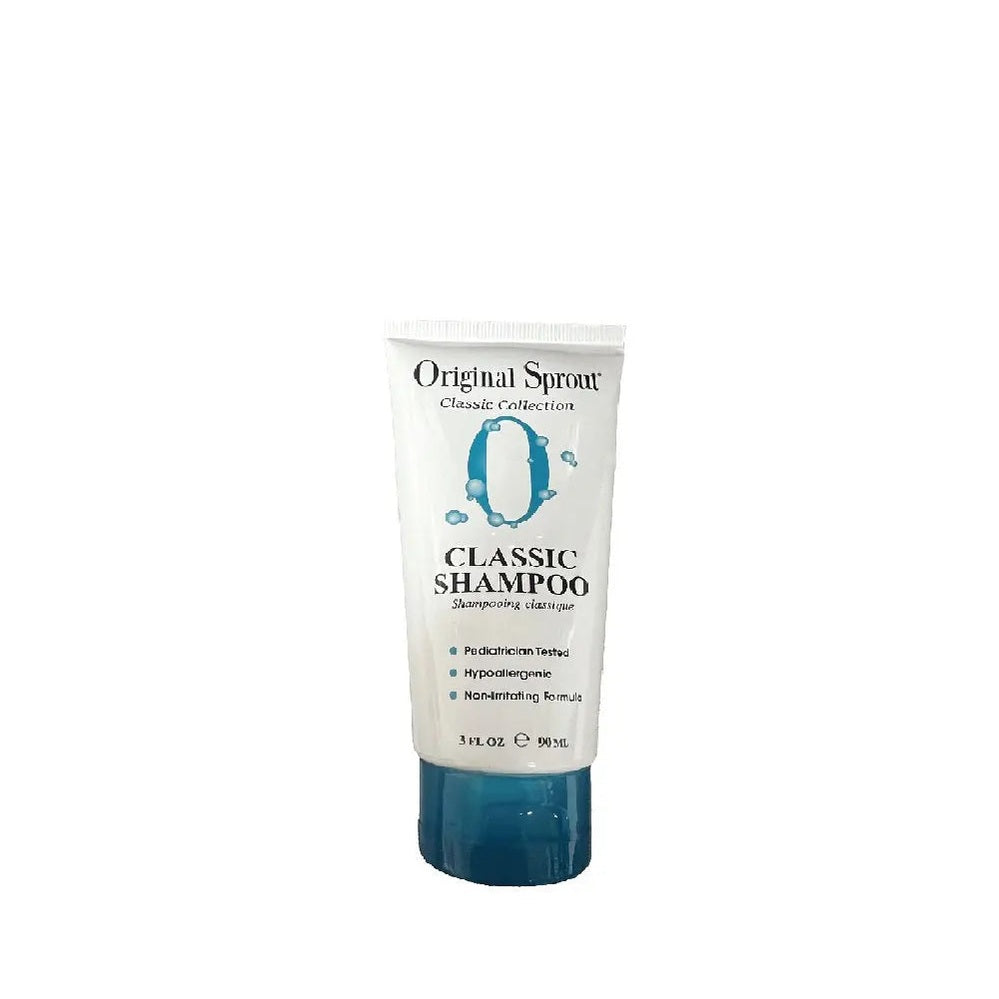 Original Sprout Classic Shampoo bottle, white tube with blue cap, pediatrician tested 3 fl oz.