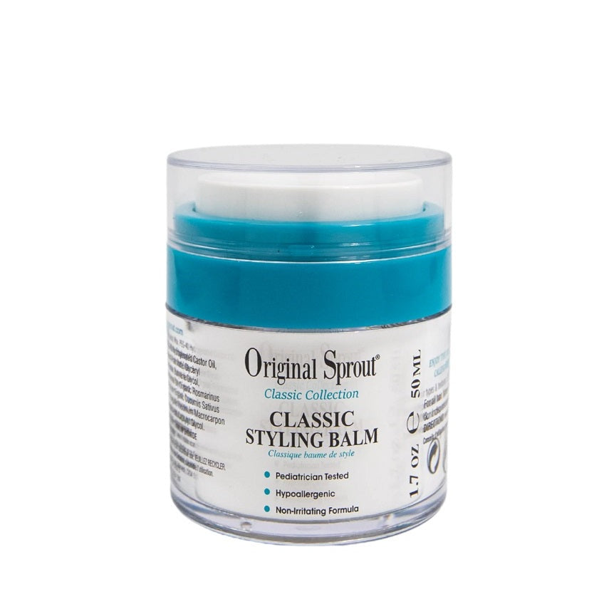 Original Sprout Classic Styling Balm 1.7 oz in clear jar with blue balm, pediatric-friendly.