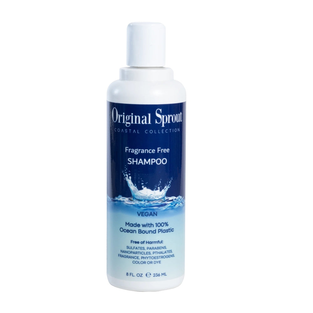 Original Sprout Coastal Collection Fragrance Free Shampoo, 8 oz vegan bottle with blue label.