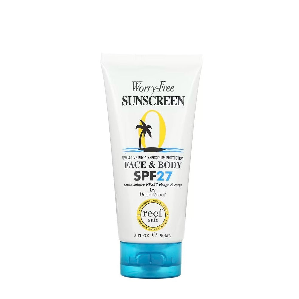 Original Sprout Face & Body Sunscreen SPF27, 3 oz tube with blue cap and palm design
