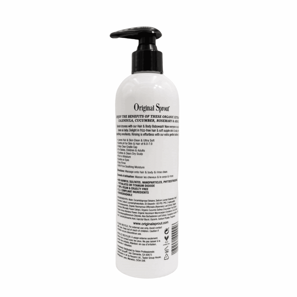 Original Sprout Hair & Body Baby Wash bottle with black pump, white plastic container, 12 oz