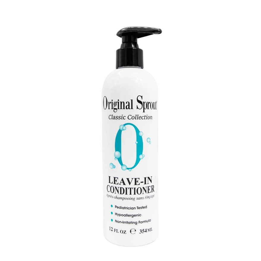 Original Sprout Leave-In Conditioner 12 oz bottle with black pump being pressed, white plastic container.