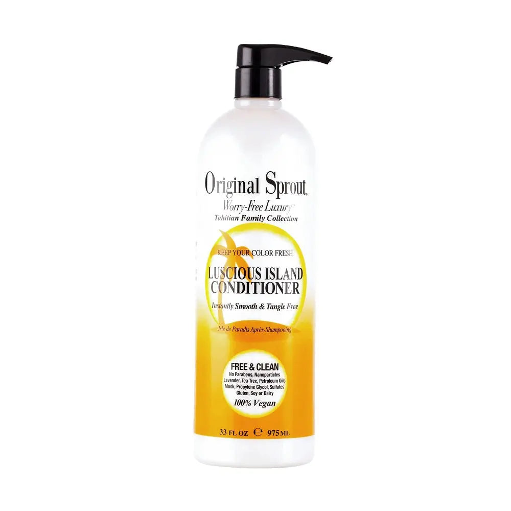 Original Sprout Luscious Island Conditioner bottle with pump dispensing conditioner, white-yellow label, 33 oz