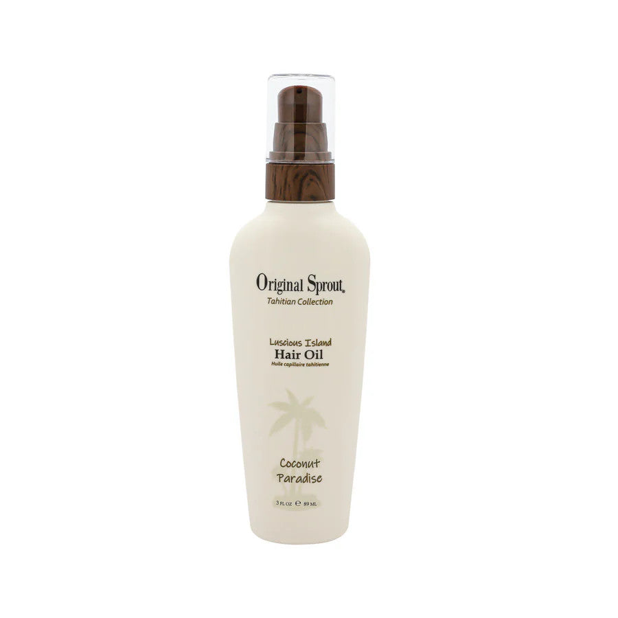 Original Sprout Luscious Island Hair Oil bottle, coconut paradise scent, brown pump top.